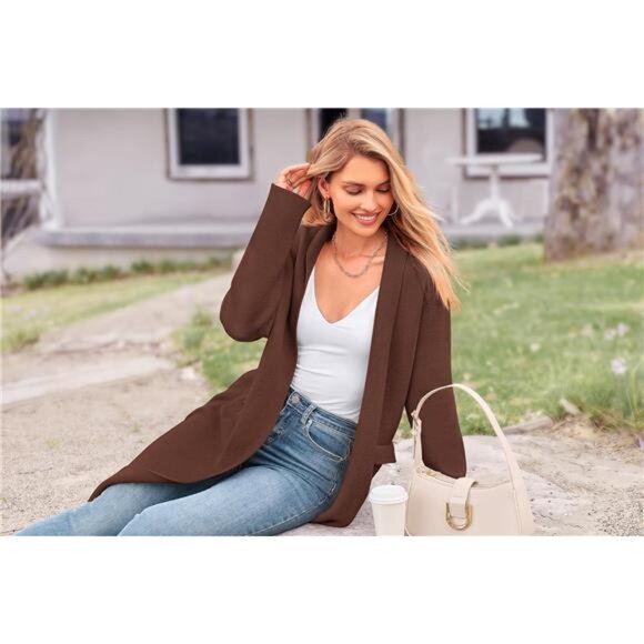 Women's Open Front Long Cardigan Sweaters, Brown - Picture 6 of 7